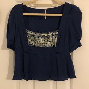 Free People Blue Embroidered Top